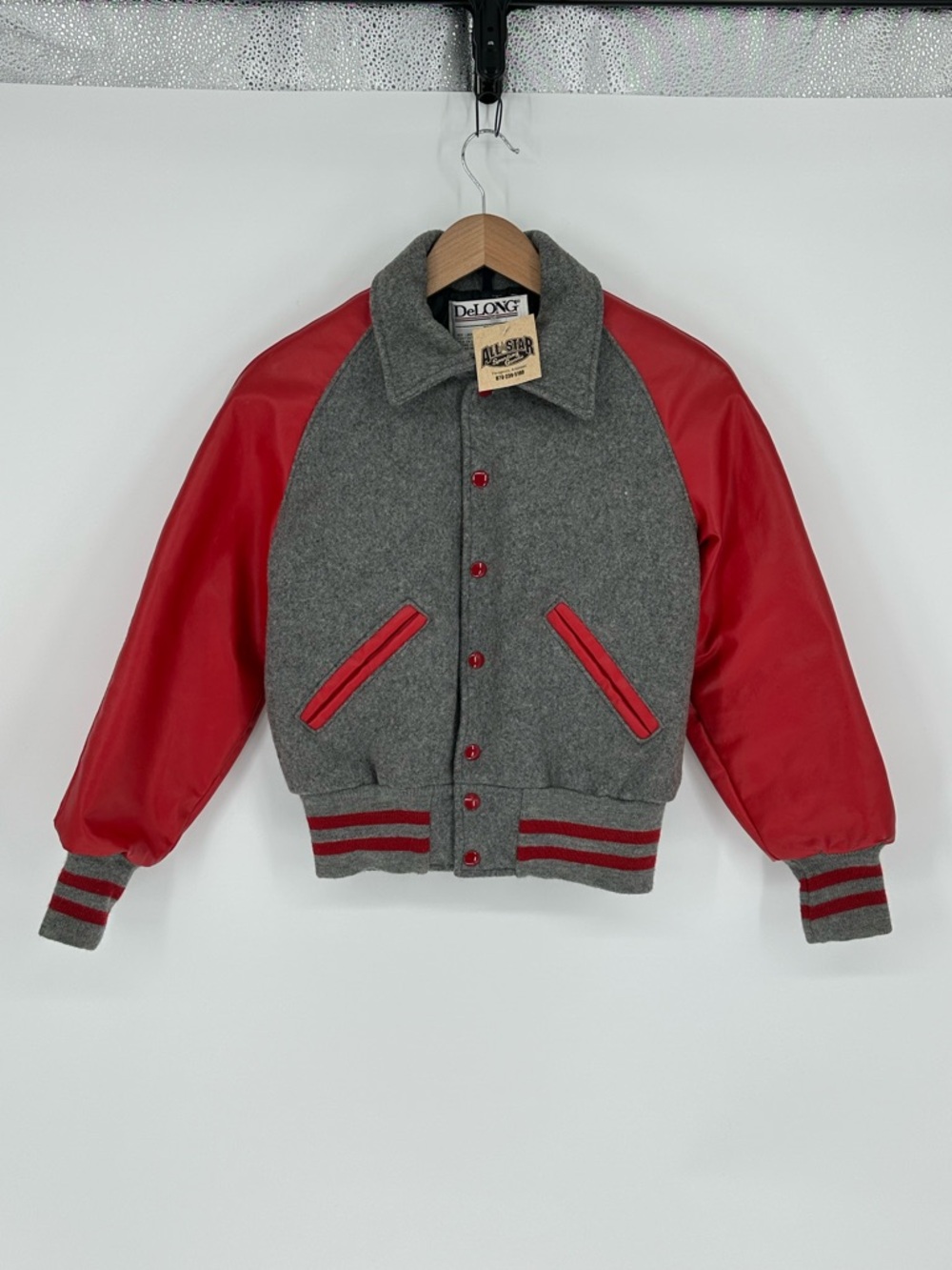 NEW!! DeLONG Varsity Award Letterman Jacket Sz Youth M Wool Blend Red Gray Snap